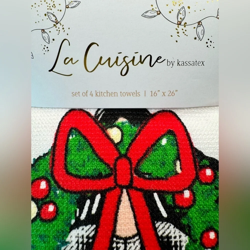New Christmas Lady w/ Wreath & Buffalo Check Dress Kitchen Hand Towels Set of 4